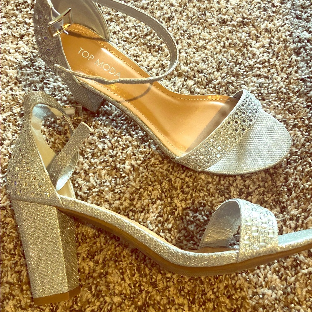 Sliver and rhinestone dress heels